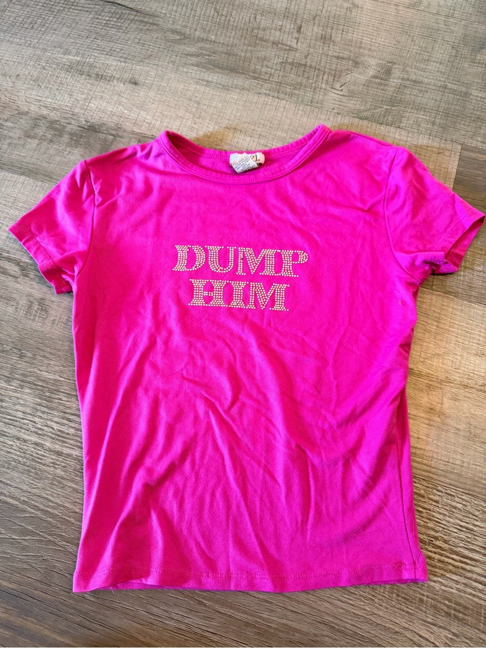 Hot Pink Rhinestone Graphic Baby Tee Crop Top Y2K Bling Short Sleeve XS